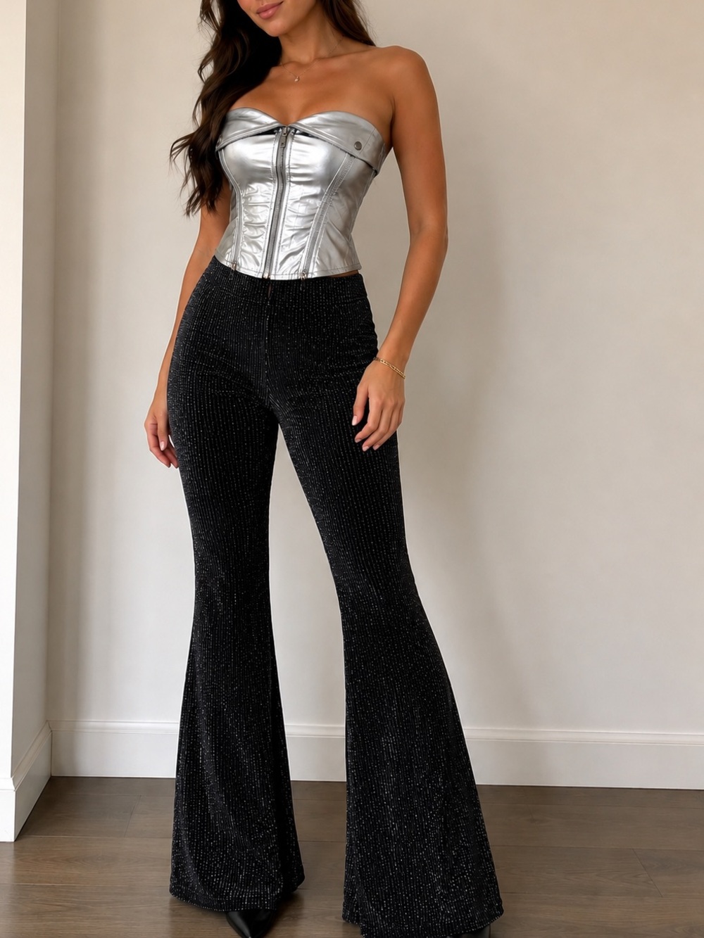 FOREVER 21 BLACK SILVER GLITTER FLARE PANTS | DISCO | FESTIVAL | Y2K | SIZE S